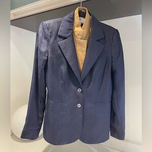 $695 Veronica Beard silk navy blue Dickey jacket gray shell buttons sz Small 4